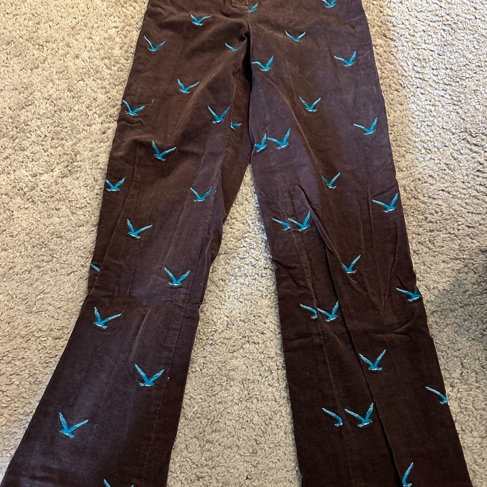 Lily Pulitzer Embroidered Brown Corduroy Pants with Teal Birds